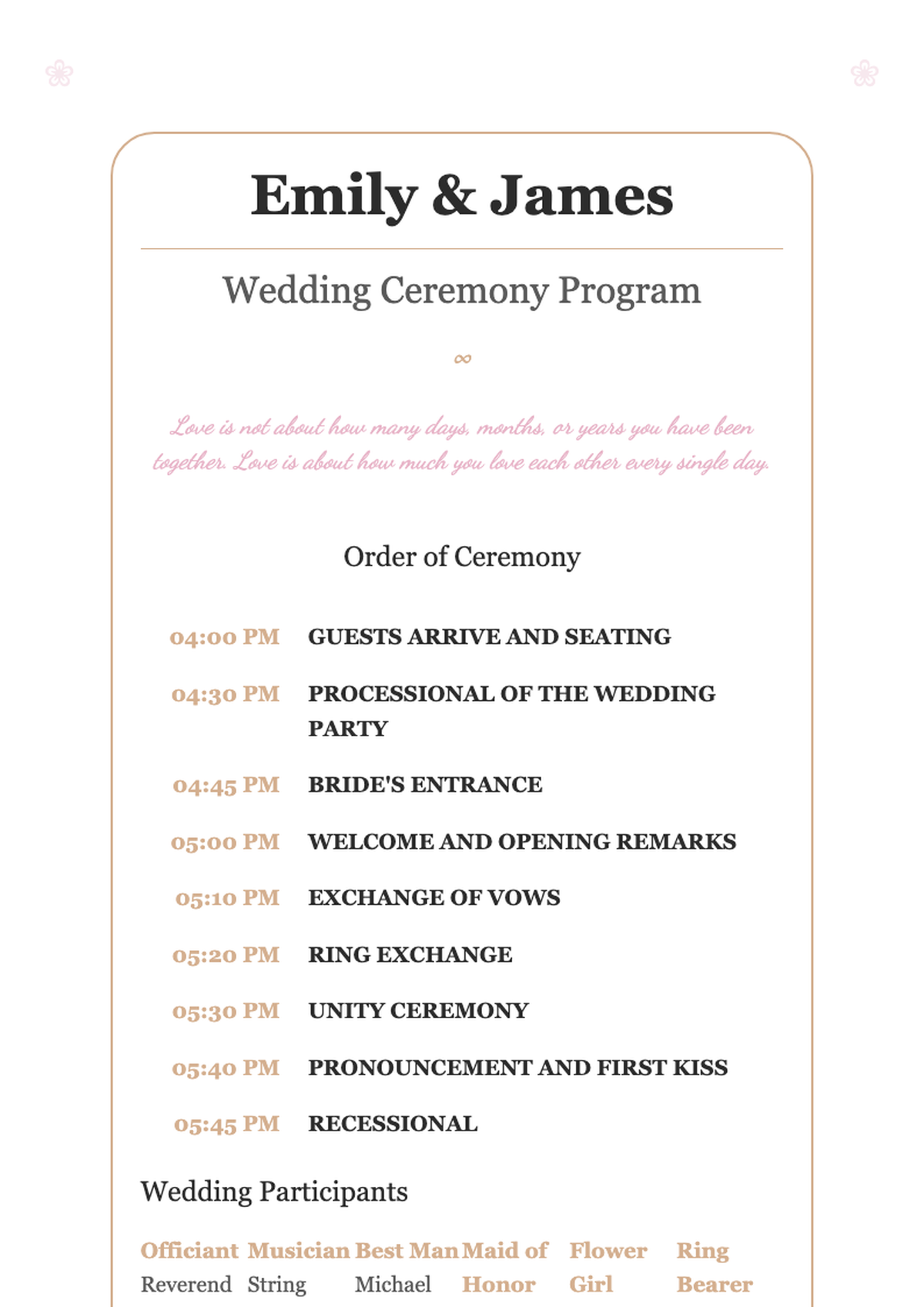Elegant floral wedding program for Amily and Walker with gold accents and timeline_variant_2